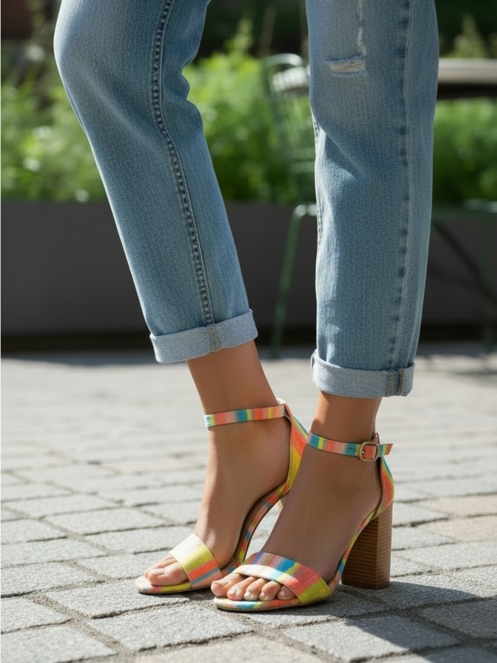 Alex Marie Multicolor Rainbow Stripe Ankle Strap Block Heel Sandals